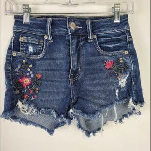 American Eagle Floral Embroidered Jean Shorts Womens Size 0 Hi Rise Shortie